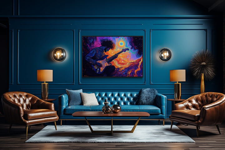 Man Playing Guitar Psychedelic Music Framed Canvas Wall Art