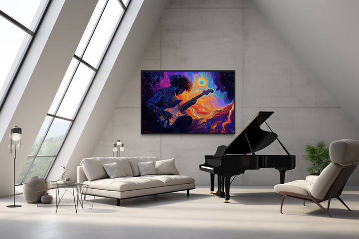 Man Playing Guitar Psychedelic Music Framed Canvas Wall Art