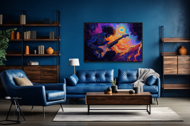 Man Playing Guitar Psychedelic Music Framed Canvas Wall Art