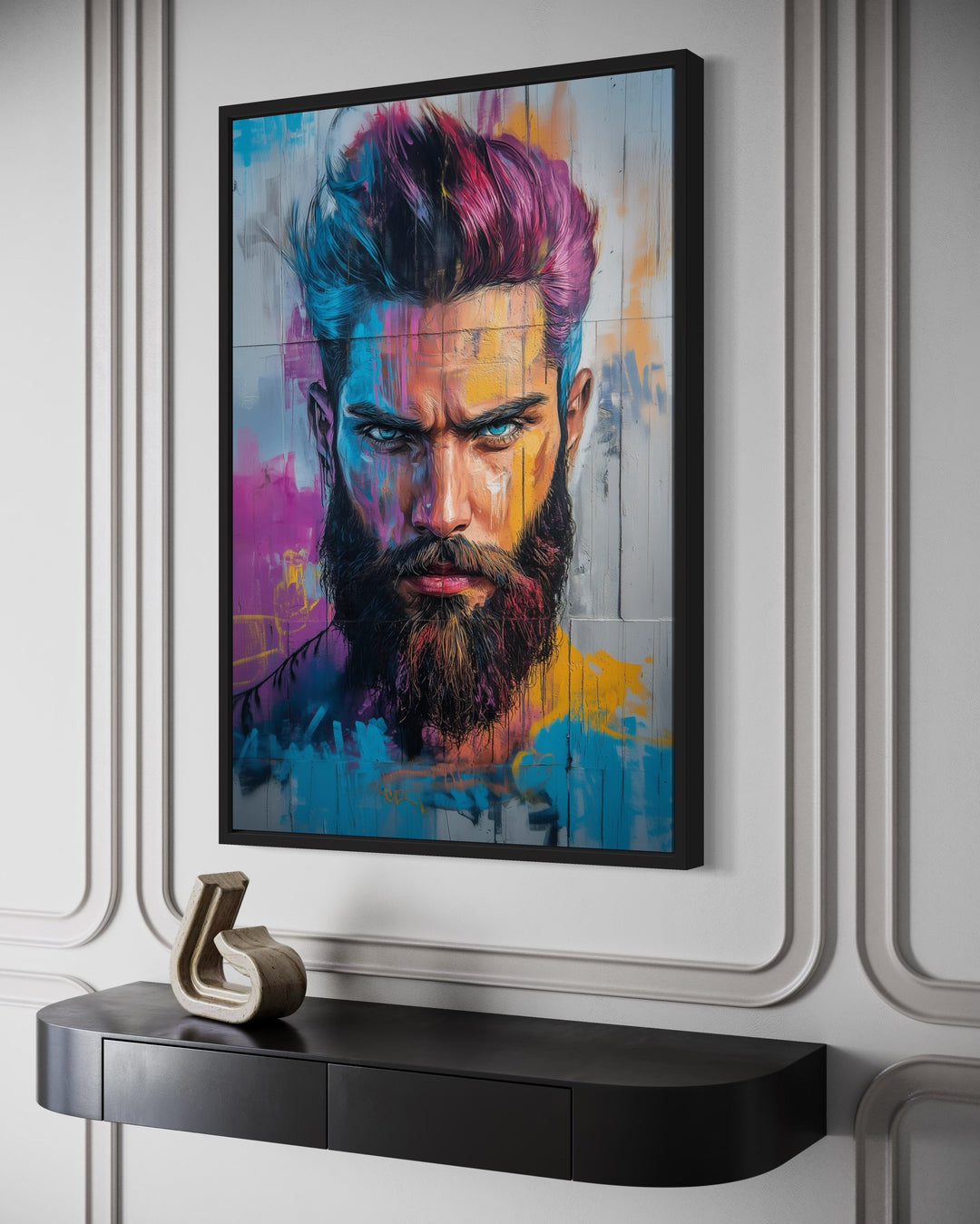 Man With Colorful Hair And Beard Barbershop Framed Canvas Wall Art