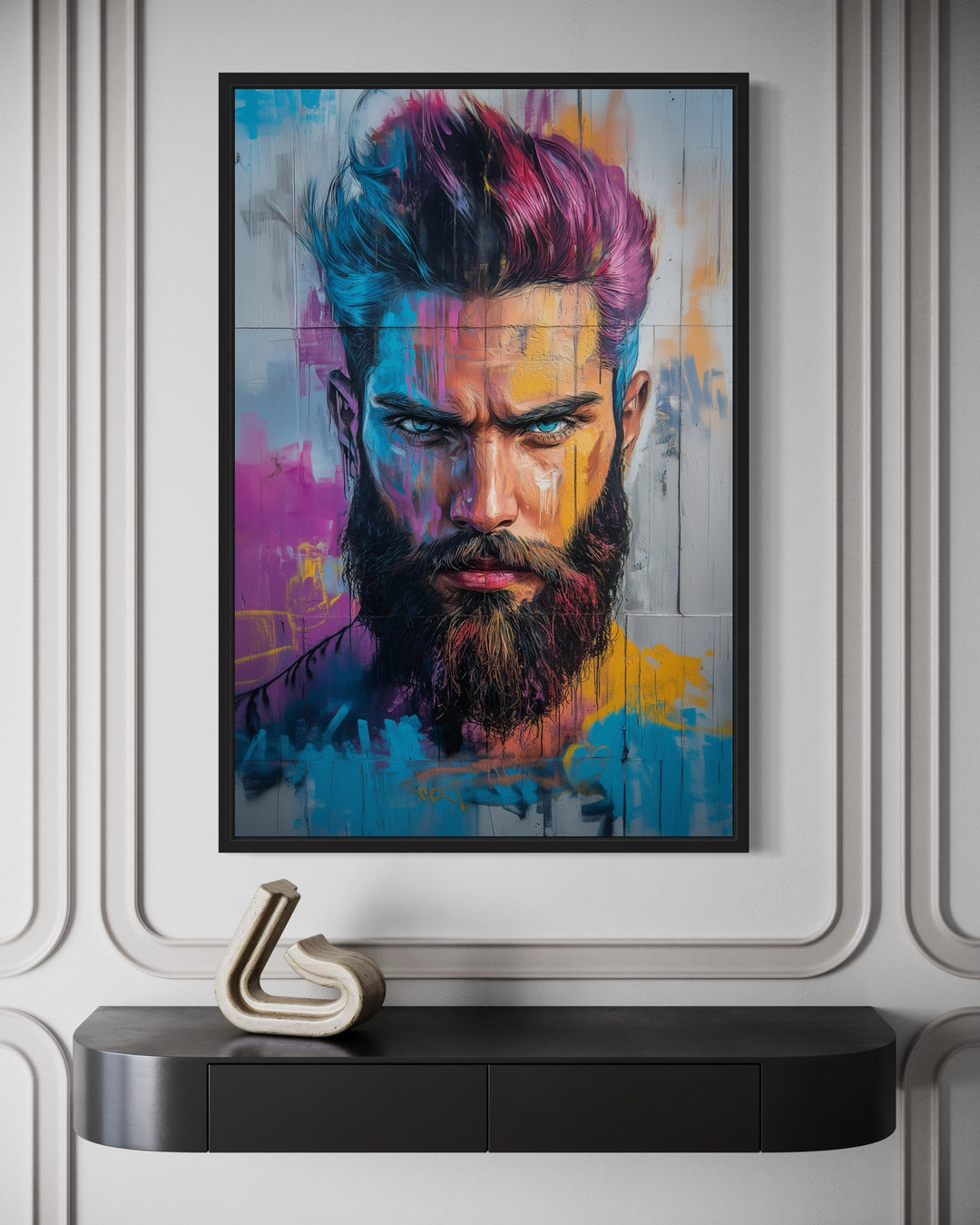 Man With Colorful Hair And Beard Barbershop Framed Canvas Wall Art