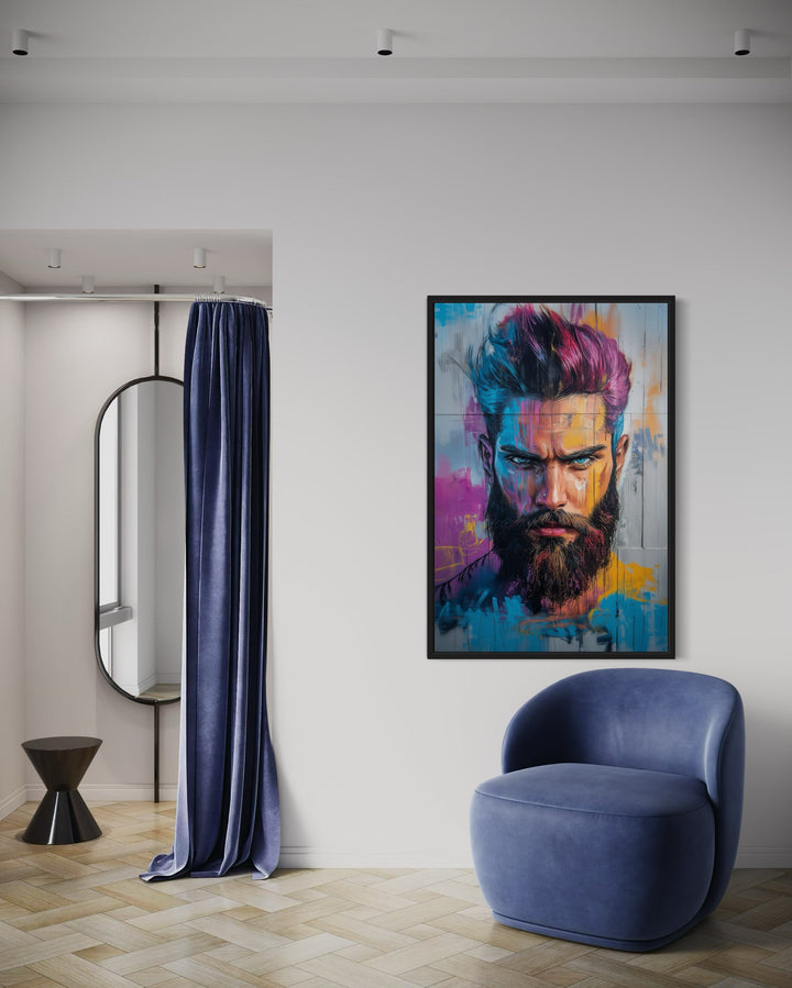 Man With Colorful Hair And Beard Barbershop Framed Canvas Wall Art