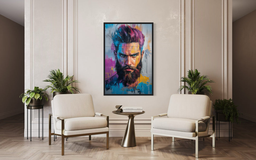 Man With Colorful Hair And Beard Barbershop Framed Canvas Wall Art