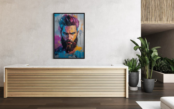 Man With Colorful Hair And Beard Barbershop Framed Canvas Wall Art