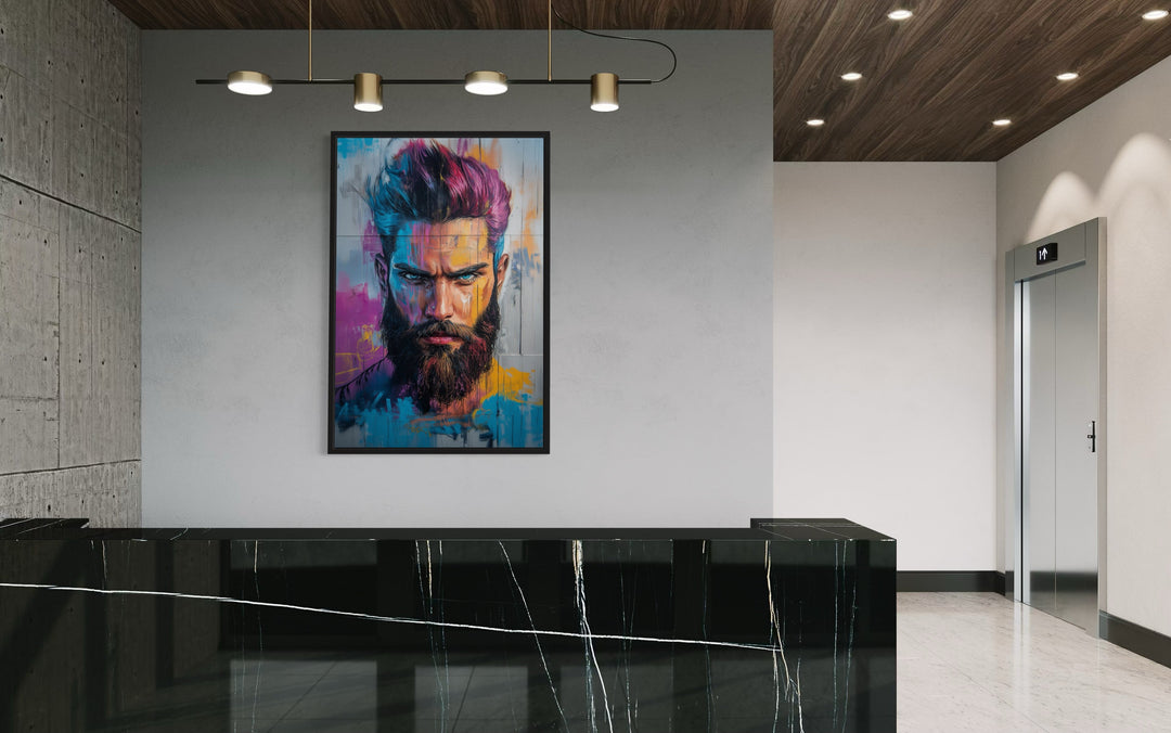 Man With Colorful Hair And Beard Barbershop Framed Canvas Wall Art