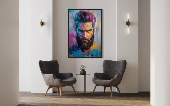 Man With Colorful Hair And Beard Barbershop Framed Canvas Wall Art