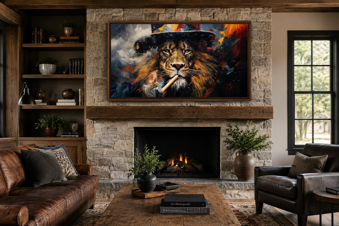 Framed abstract canvas print of a lion smoking a cigar above a stone fireplace in a rustic room.