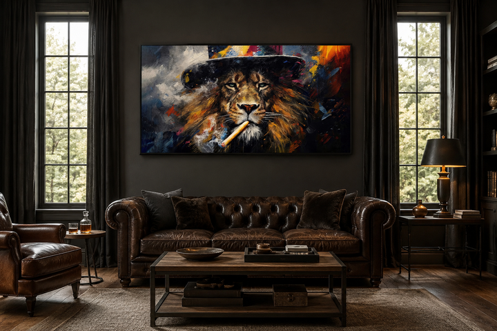 Framed canvas print of a lion smoking a cigar in a dark, sophisticated man cave living room.