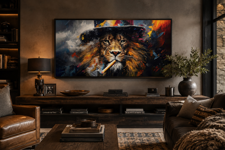 Framed canvas print of a lion smoking a cigar in a dark, sophisticated living room setting.