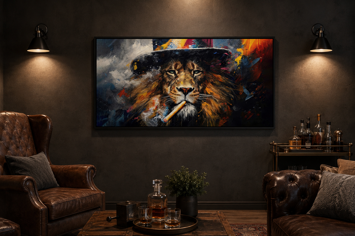 Framed canvas print of an abstract lion smoking a cigar in a dark, sophisticated man cave setting.