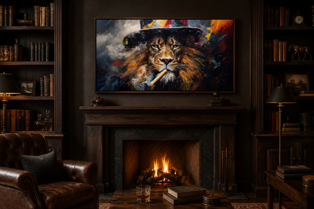 Framed abstract lion smoking cigar canvas print above a fireplace in a dark, cozy library setting.