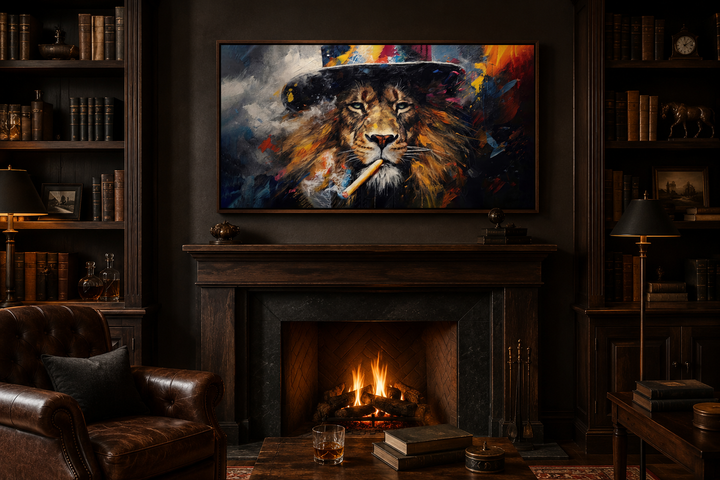 Framed abstract lion smoking cigar canvas print above a fireplace in a dark, cozy library setting.