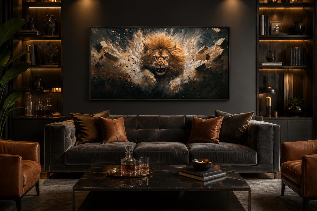 Fierce lion breaking through a brick wall canvas print in a modern, dark-toned living room.