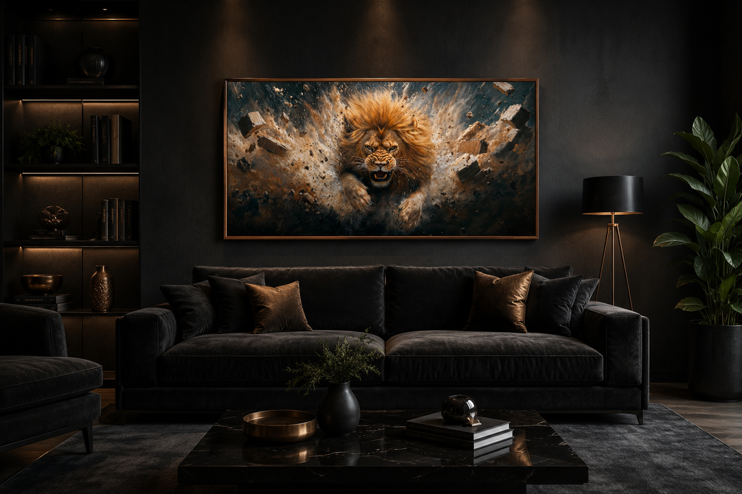 Horizontal canvas print of a fierce lion breaking through a brick wall in a dark modern living room.