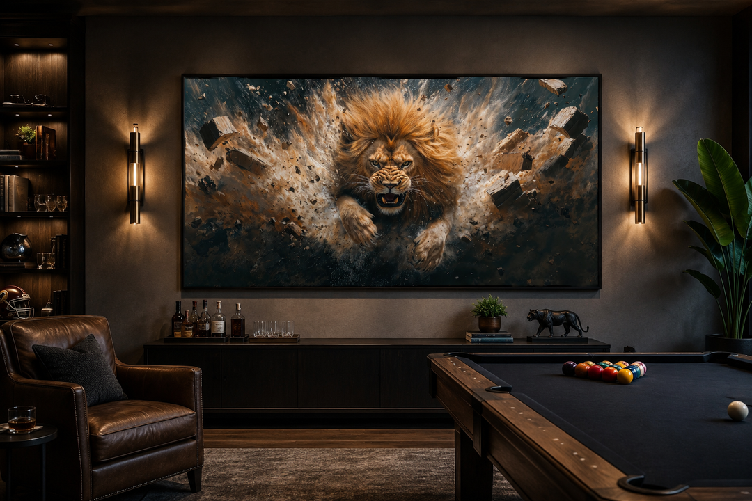 Fierce lion breaking through a brick wall horizontal framed canvas art in a modern man cave.