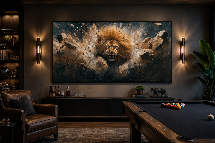 Fierce lion breaking through a brick wall horizontal framed canvas art in a modern man cave.