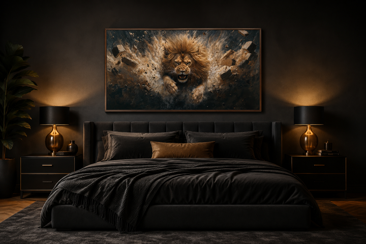 Horizontal framed canvas art of a fierce lion breaking through a brick wall above a dark bed.