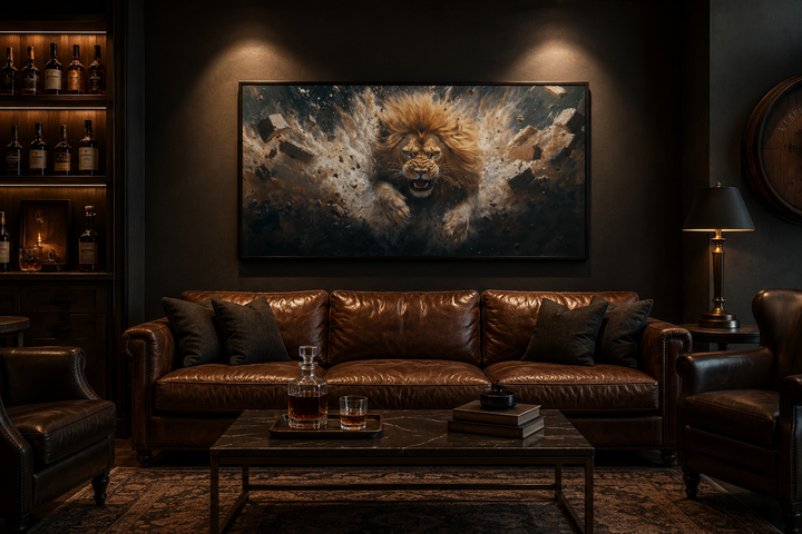 Framed horizontal canvas art of a fierce lion breaking through a brick wall in a dark man cave.