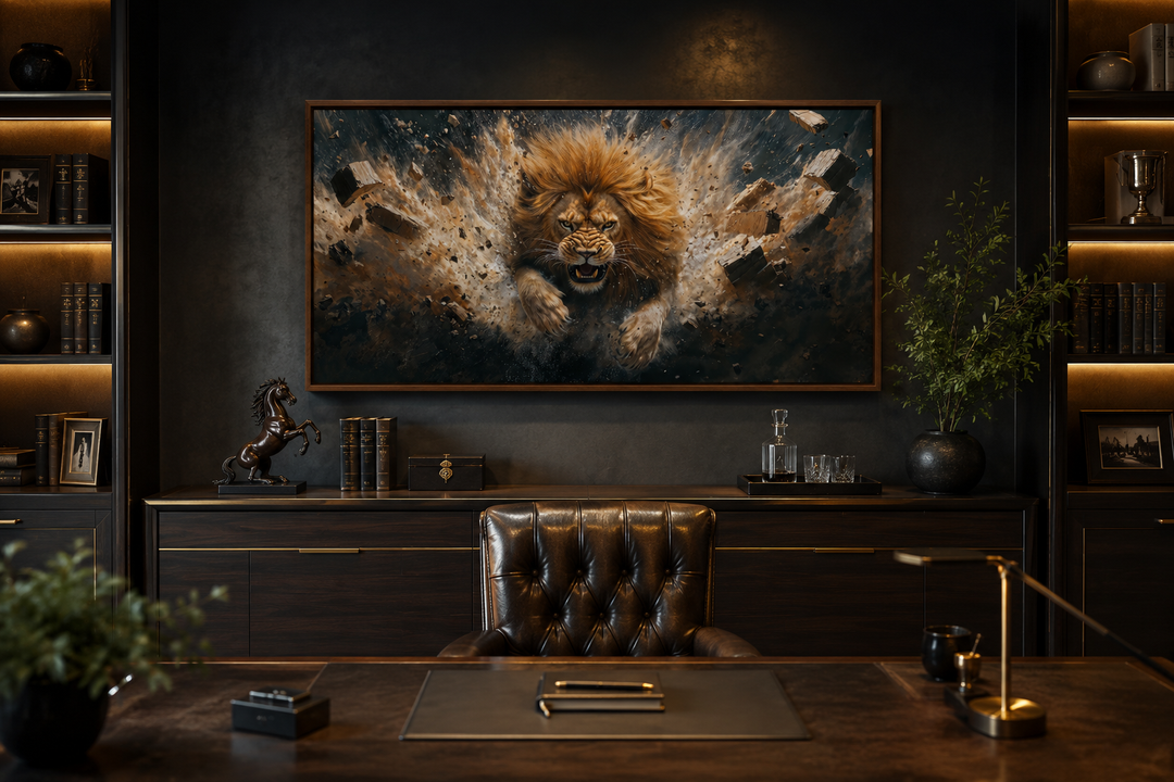 Fierce lion breaking through a brick wall horizontal canvas print in a dark, modern office setting.