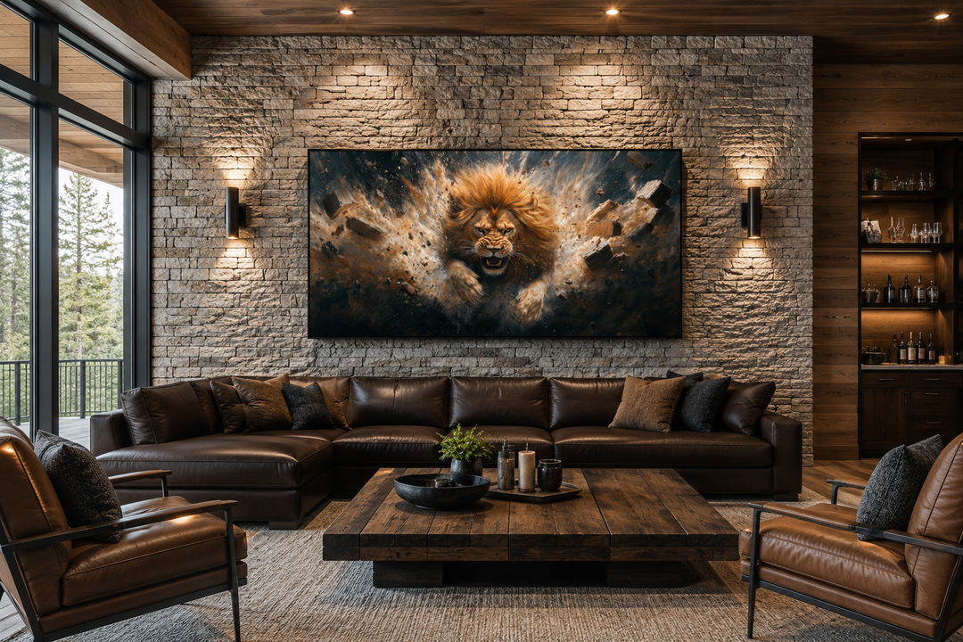 Fierce lion breaking through a brick wall canvas art in a modern living room with leather sofa.
