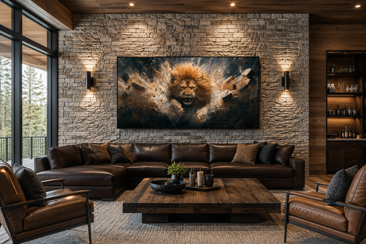 Fierce lion breaking through a brick wall canvas art in a modern living room with leather sofa.