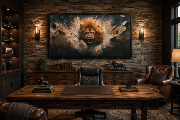 Framed horizontal canvas art of a fierce lion breaking through a brick wall in a home office.