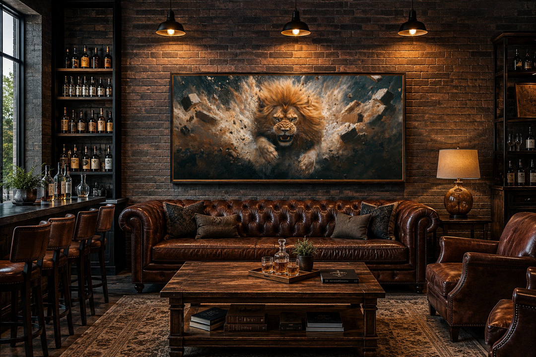 Fierce lion breaking through a brick wall canvas art in a dark industrial man cave setting.