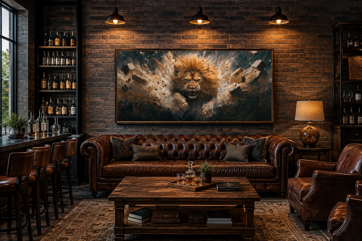 Fierce lion breaking through a brick wall canvas art in a dark industrial man cave setting.