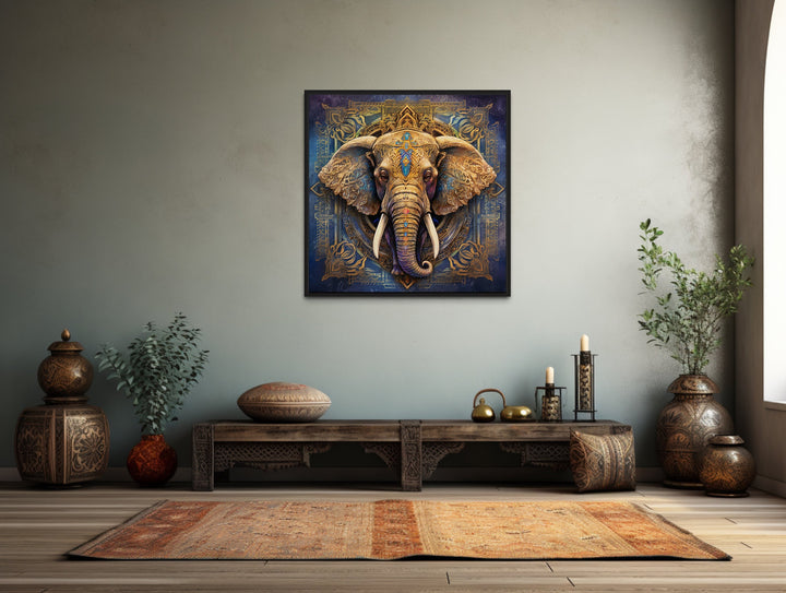 Mandala Elephant Indian Framed Canvas Wall Art in a serene room with traditional decor.
