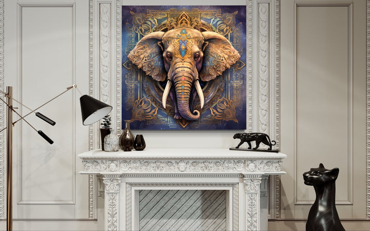 Mandala Elephant Indian Framed Canvas Wall Art above a white fireplace in a modern living room.