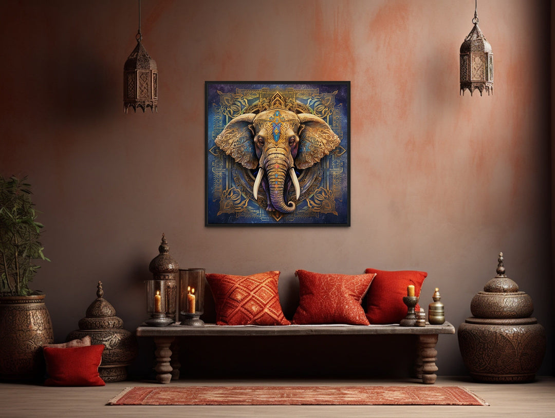 Mandala Elephant Indian Wall Art "Mandala Monarch" over red pillow