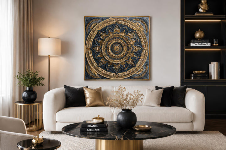 Intricate gold and blue mandala wall art displayed above a modern white sofa in a luxury living room.