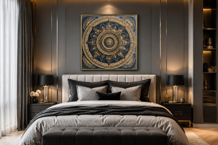 Intricate gold and blue mandala canvas art centered above a modern bed in a luxury bedroom.