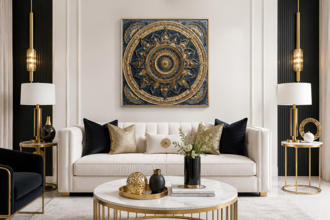 Intricate gold and blue mandala canvas art centered above a white sofa in a luxury living room.