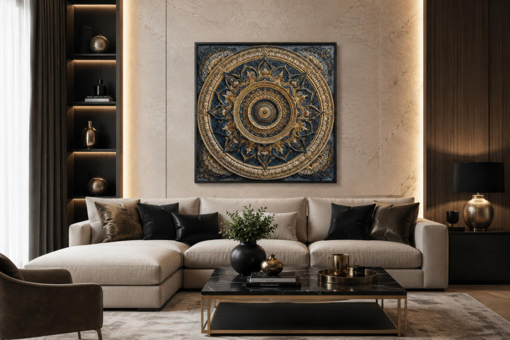 Intricate gold and blue mandala canvas art displayed above a modern sofa in a luxury living room.