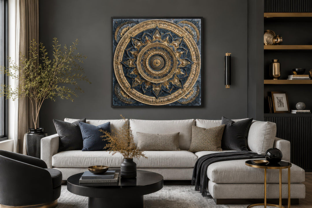 Intricate gold and blue mandala canvas art centered on a dark wall above a modern grey sofa.
