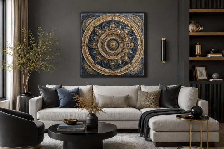 Intricate gold and blue mandala canvas art centered on a dark wall above a modern grey sofa.