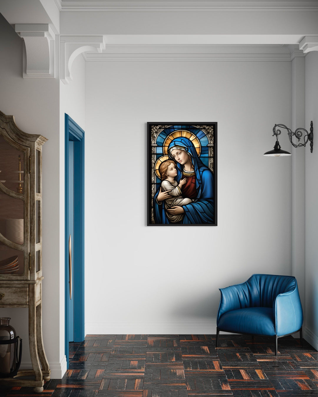 Maria With Baby Jesus Stained Glass Style Framed Canvas Wall Art