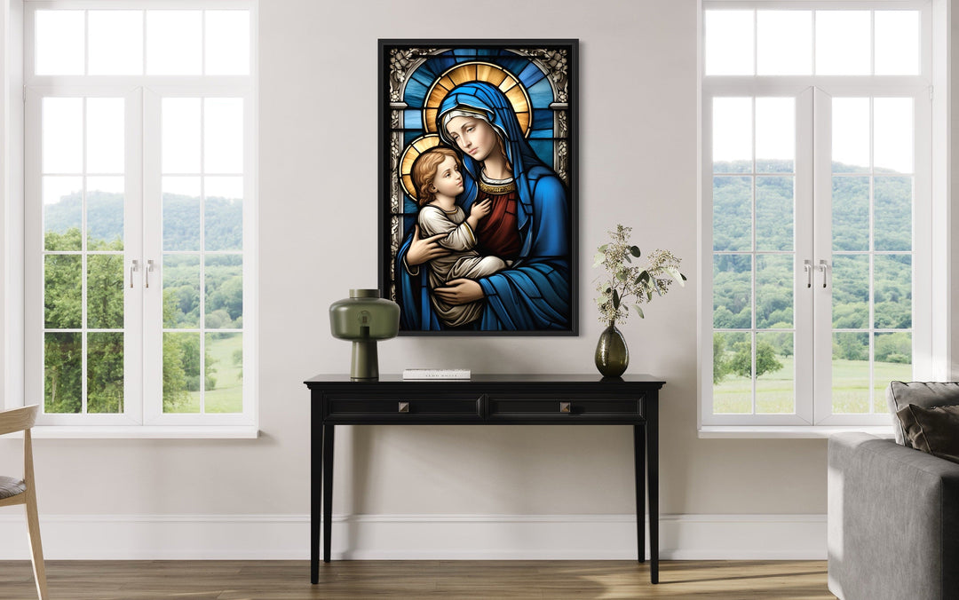 Maria With Baby Jesus Stained Glass Style Framed Canvas Wall Art