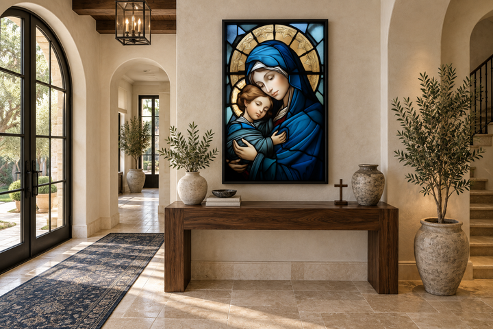 Maria with Baby Jesus stained glass style framed canvas wall art in a modern entryway.
