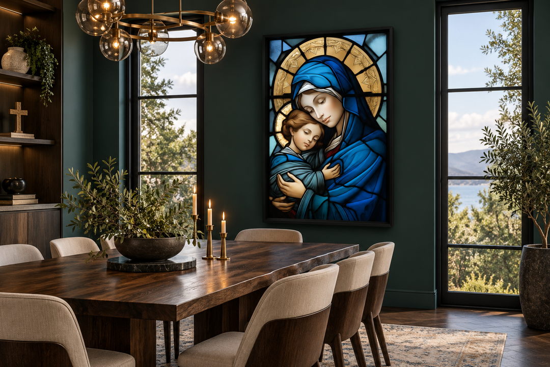 Maria with Baby Jesus stained glass style framed canvas wall art in a modern dining room.