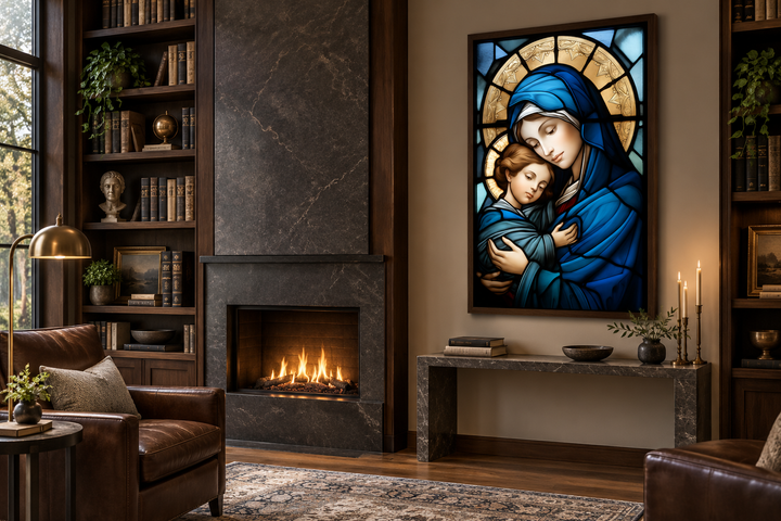 Maria with Baby Jesus stained glass style framed canvas wall art in a cozy library setting.