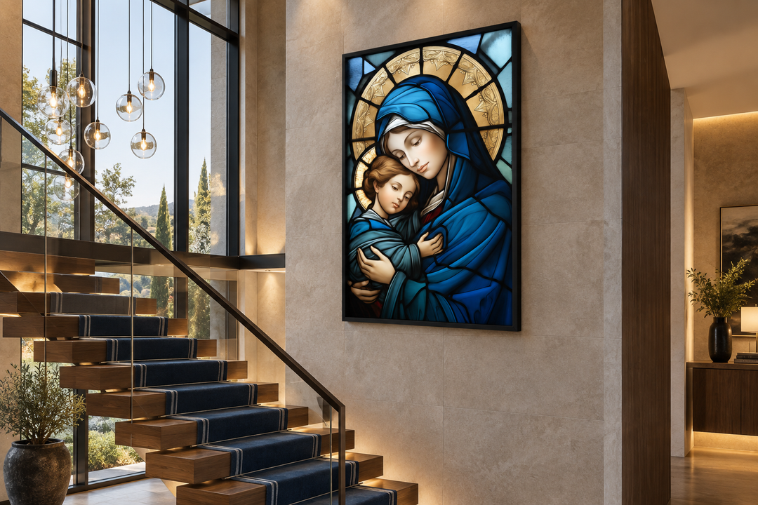Maria with Baby Jesus stained glass style framed canvas wall art hanging in a modern home interior.