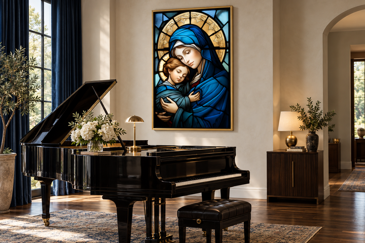 Maria with Baby Jesus stained glass style framed canvas wall art hanging above a black grand piano.