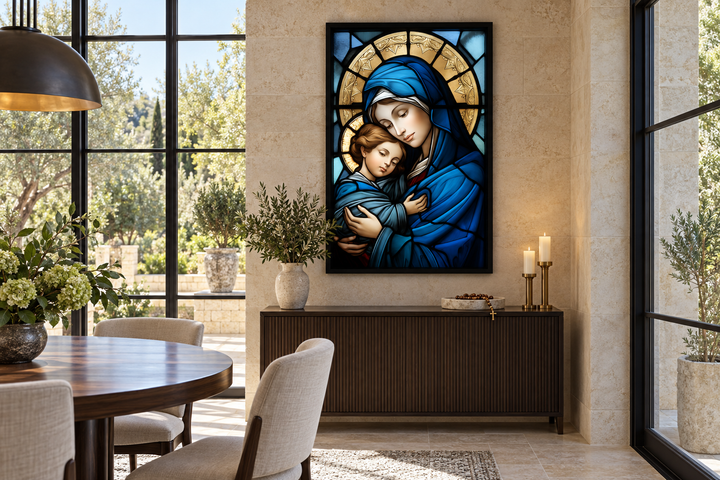 Maria with Baby Jesus stained glass style framed canvas wall art in a modern dining room setting.