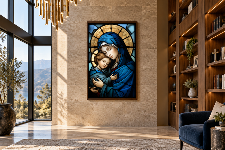Maria with Baby Jesus stained glass style framed canvas wall art in a modern living room.