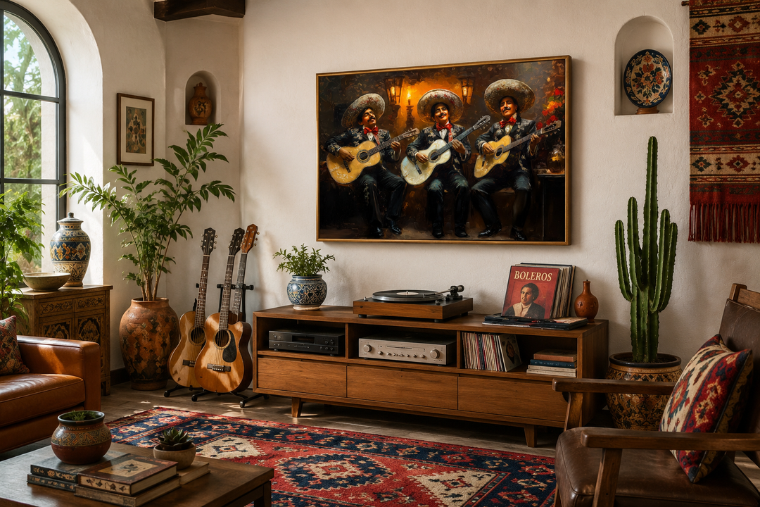 Mariachi band Mexican framed canvas wall art featuring three musicians in traditional attire.