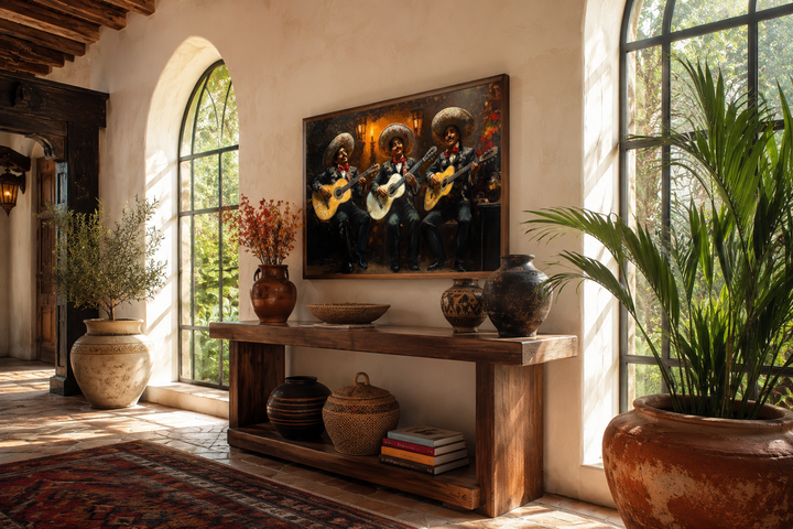 Framed canvas wall art of a three-person Mariachi band playing guitars in traditional attire.