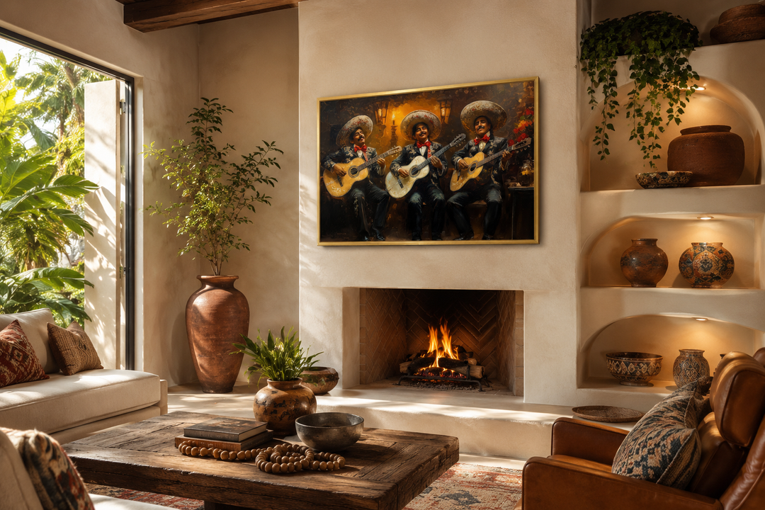 Mariachi Band Mexican Framed Canvas Wall Art above a fireplace in a rustic living room.