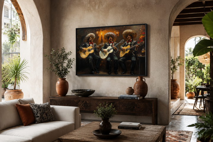 Mariachi Band Mexican Framed Canvas Wall Art hanging in a rustic, Mediterranean-style living room.